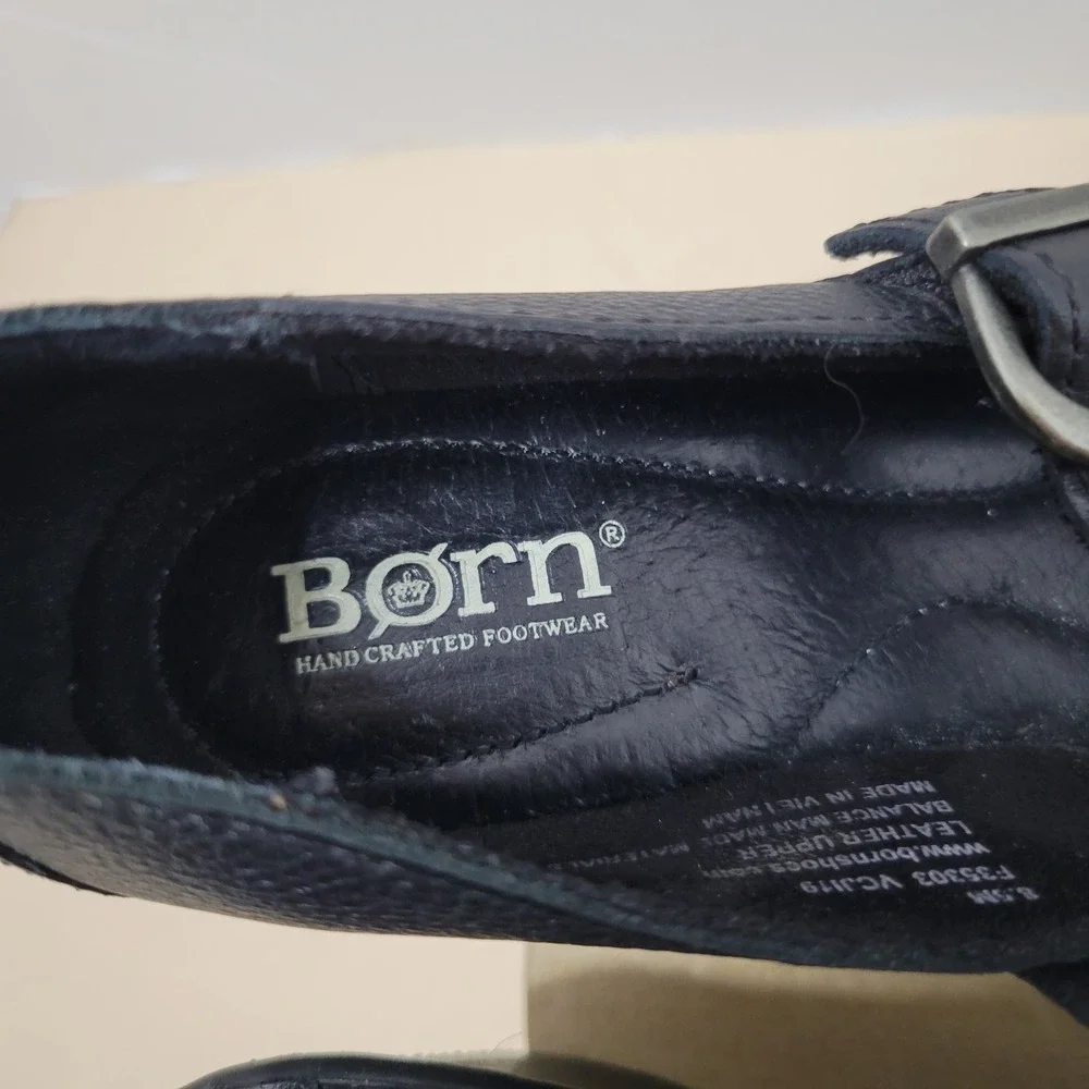 Born Black Leather Mary Jane Wedge Shoes F35303 Pebbled Buckle Strap Handcrafted